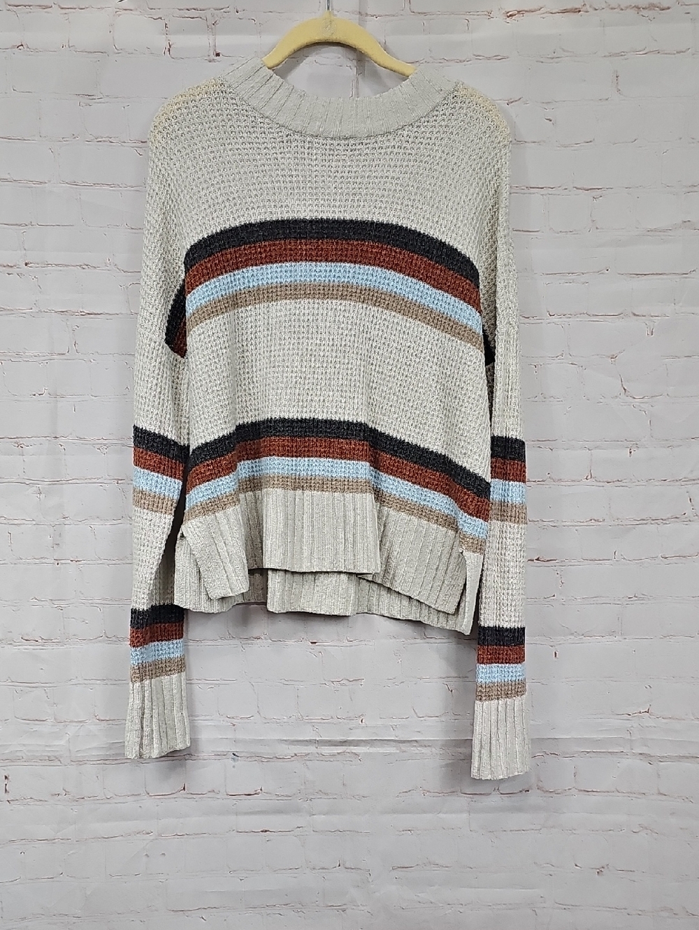 SO Cream Striped Crewneck Sweater with Rust and Light Blue Accents